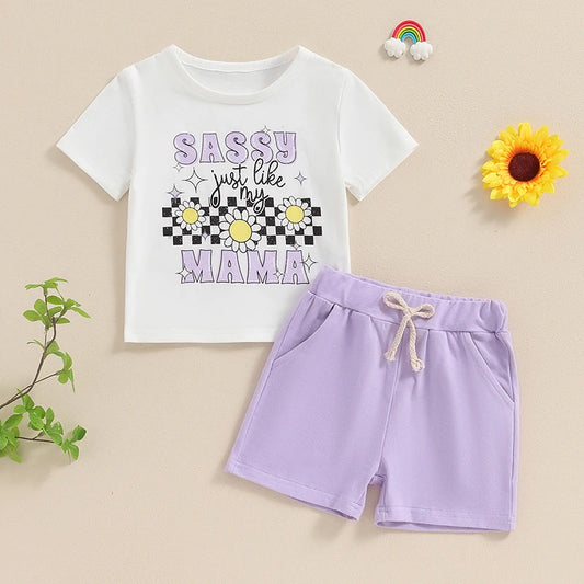 Toddler Kids Girl 2Pcs Outfit Sassy Just Like My Mama Short Sleeve Checkerboard Flower Print Top + Pocket Shorts Set