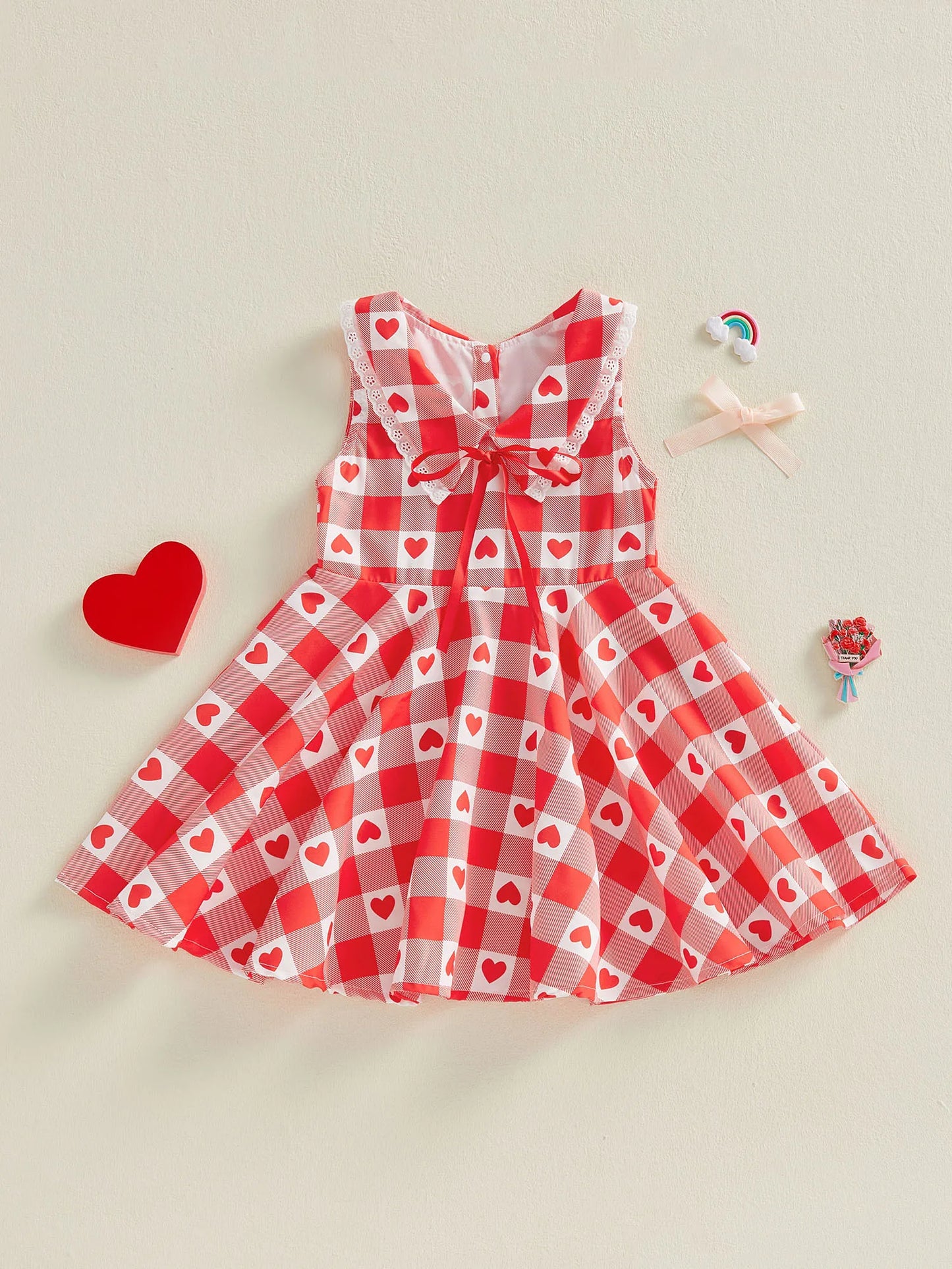 Baby Toddler Kids Girls Valentine's Day Dress Summer Sleeveless Lapel Plaid Heart Print Sweet A-Line Sundress