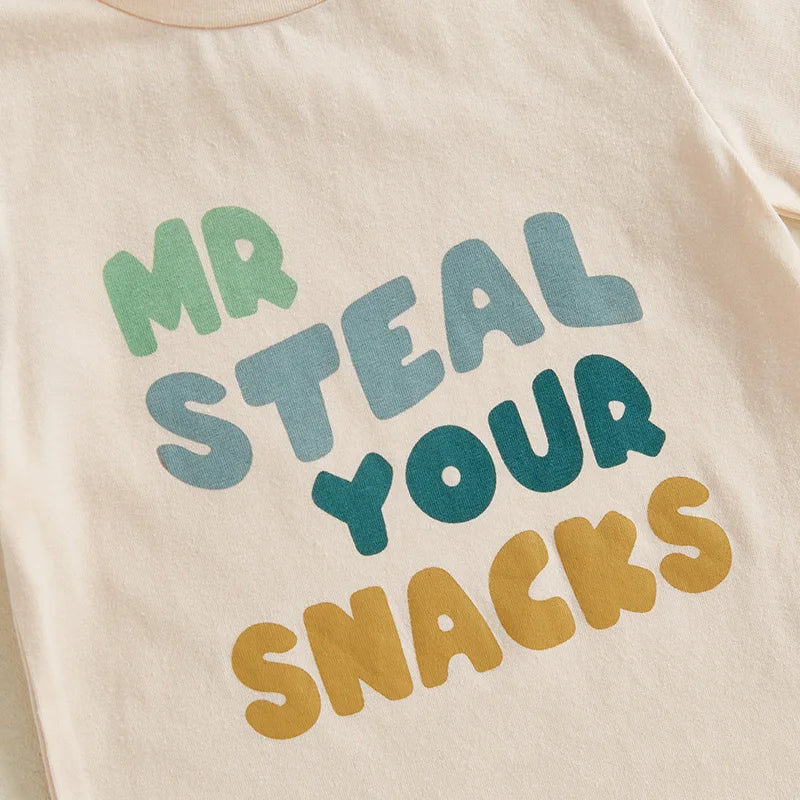 Baby Toddler Boys 2Pcs Mr Steal Your Snacks Set Letter Print Short Sleeve T-shirt Top Solid Elastic Waist Shorts Spring Summer Outfit