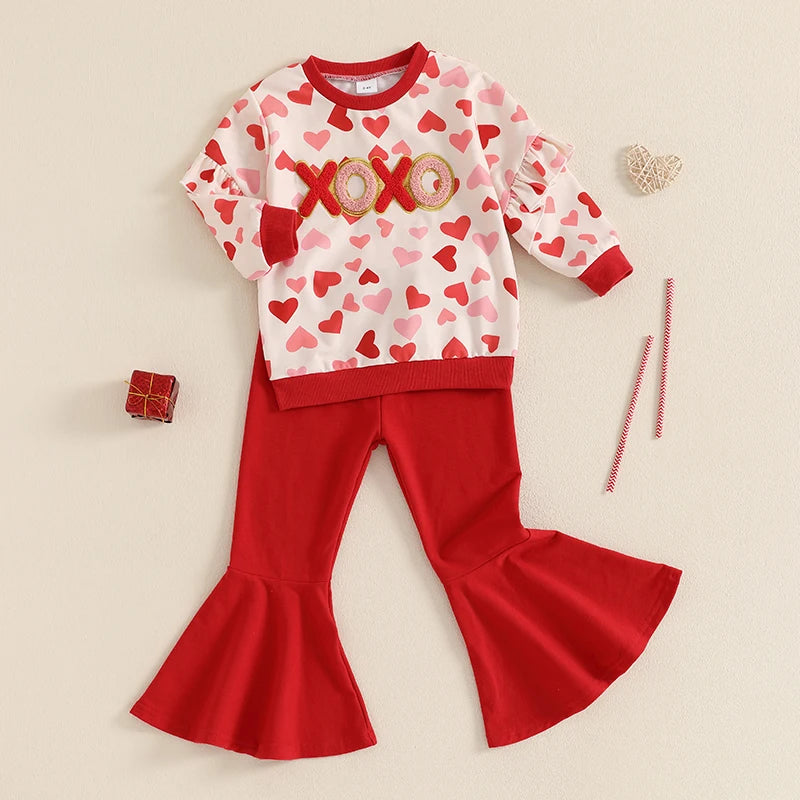 Baby Toddler Kids Girls 2Pcs Valentine’s Day Outfit XOXO Long Sleeve Ruffle Crewneck Top + Flare Pants Valentines Set