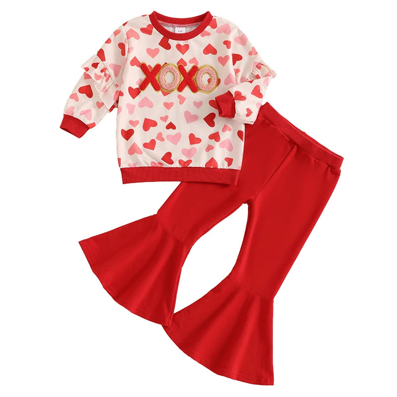 Baby Toddler Kids Girls 2Pcs Valentine’s Day Outfit XOXO Long Sleeve Ruffle Crewneck Top + Flare Pants Valentines Set