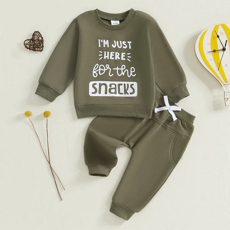 Baby Toddler Boys 2Pcs I'm Just Here For The Snacks Fall Outfit Letter Print Long Sleeve Crewneck Top and Long Pants Jogger Set