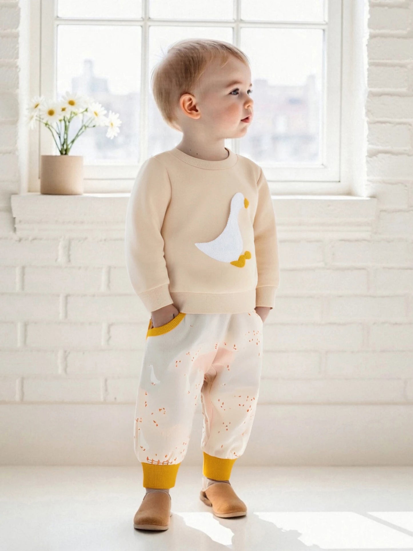 Baby Toddler Boys 2Pcs Fall Set Fashionable Long Sleeve Chicken/Duck Embroidery Pullover Top with Print Jogger Pants 2 Pcs Outfits