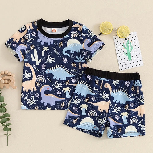 Toddler Baby Boy 2Pcs Dinosaur Print Short Sleeve Crewneck Top with Shorts Set Outfit