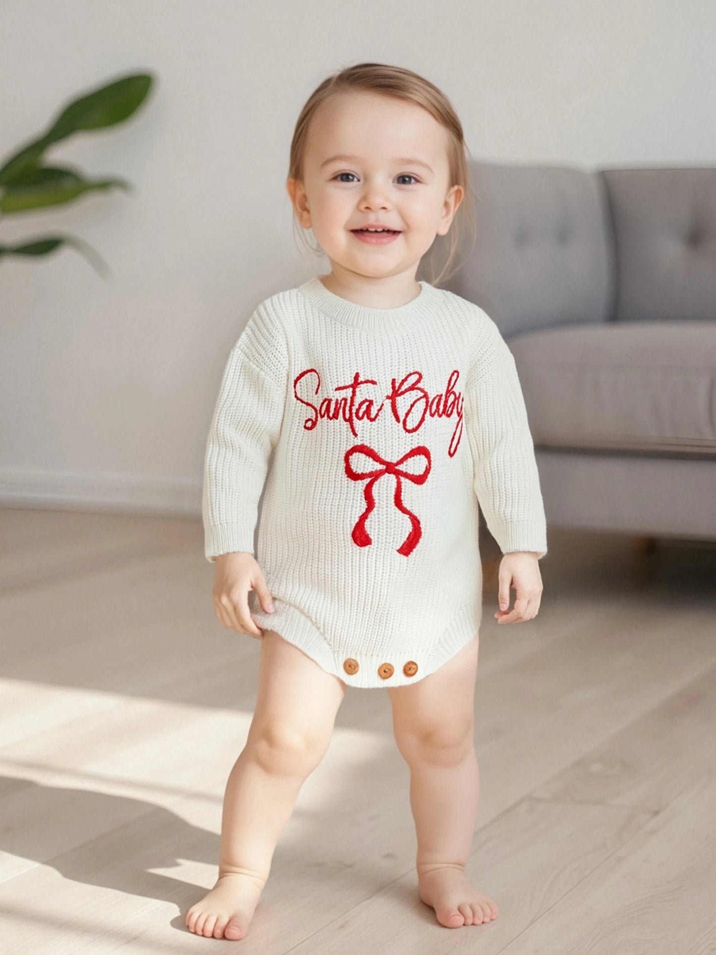 Baby Girl Santa Baby Christmas Romper Loose Fit Letter Bow Embroidery Ribbed Knit Long Sleeve Infant Winter Sweater