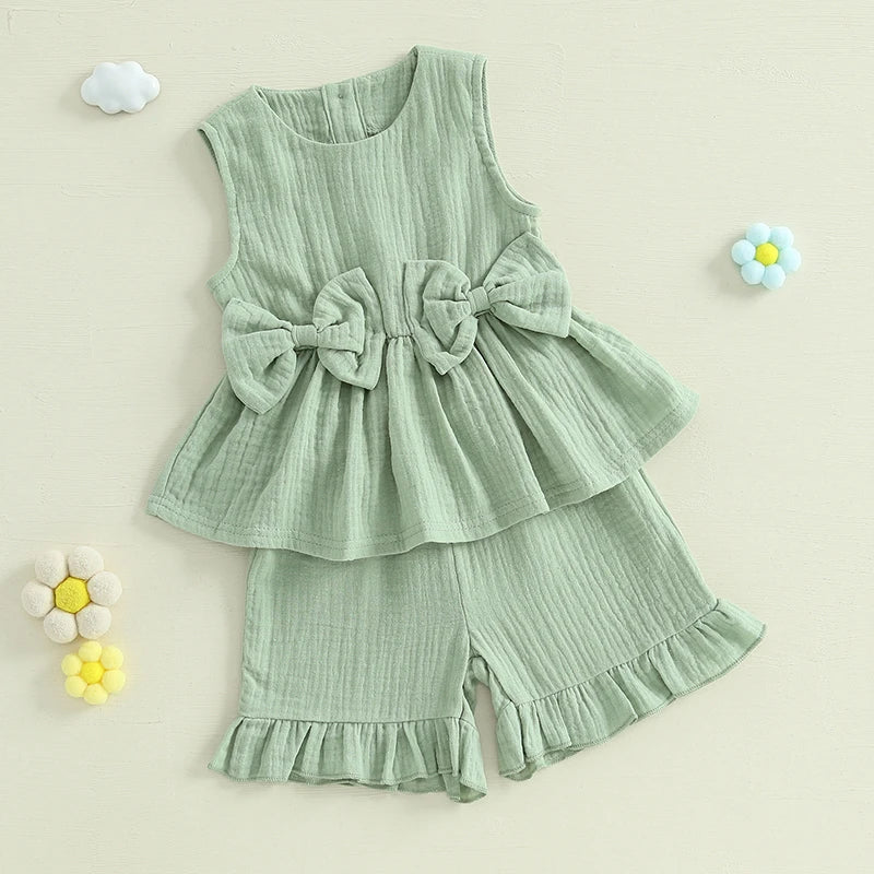 Baby Toddler Kids Girl 2Pcs Summer Clothes Solid Color Bow Round Neck Tank Top + Elastic Waist Ruffled Shorts Set