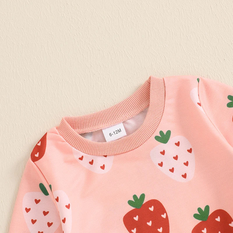 Baby Toddler Girls 2Pcs Outfit Strawberry Print Long Sleeve Crewneck Top with Flare Pants Set