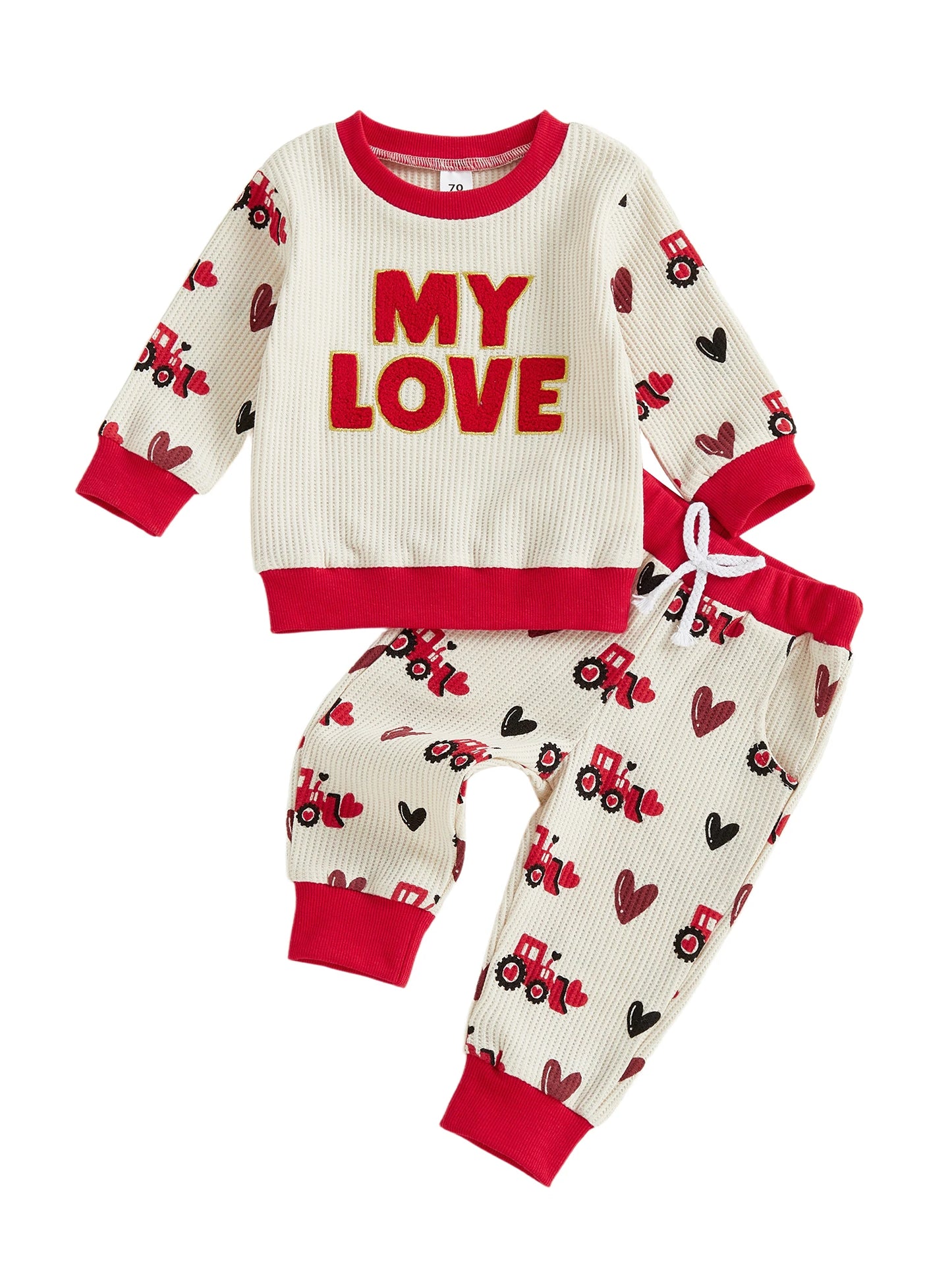 Baby Toddler Boy 2Pcs MY LOVE Valentine's Outfit Letter Embroidery Long Sleeve Crew Neck Pullover Top and Joggers Pants Set