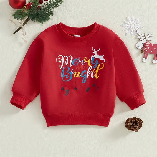 Baby Boys Girls Merry and Bright Christmas Letter Print Long Sleeve Pullover Top Winter