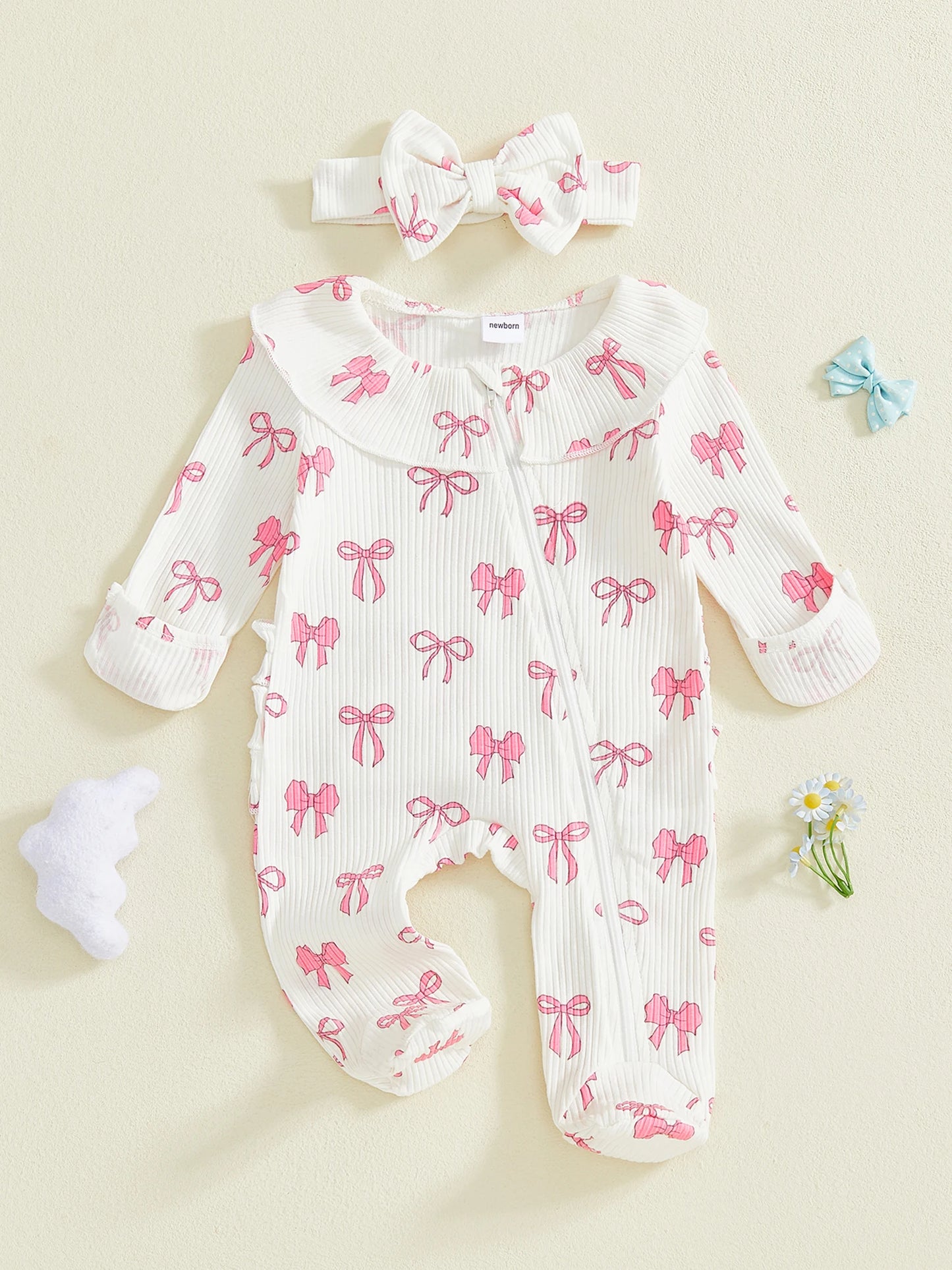 Baby Girls 2Pcs Set Long Sleeve Round Neck Bow Print Romper with Matching Bow Headband for a Stylish Look