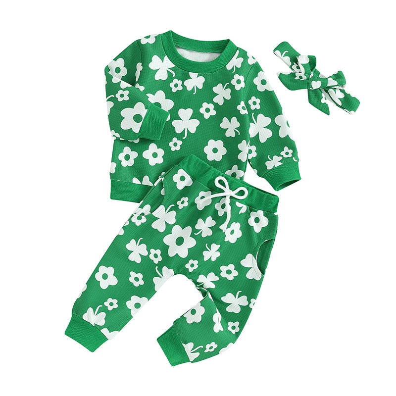 Toddler Baby Girl Boy 3Pcs St. Patrick's Day Outfit Long Sleeve Flower Shamrock Print Crewneck Top Pants with Bow Headband Set