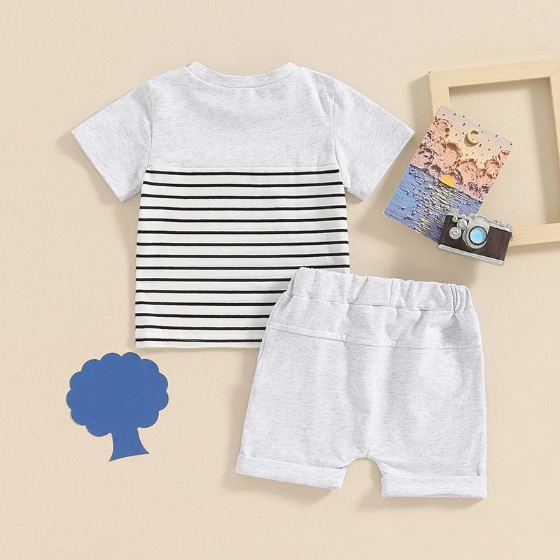 Toddler Baby Boy 2Pcs Summer Outfit Stripe Print Short Sleeve Pocket Top with Solid Color Shorts Set