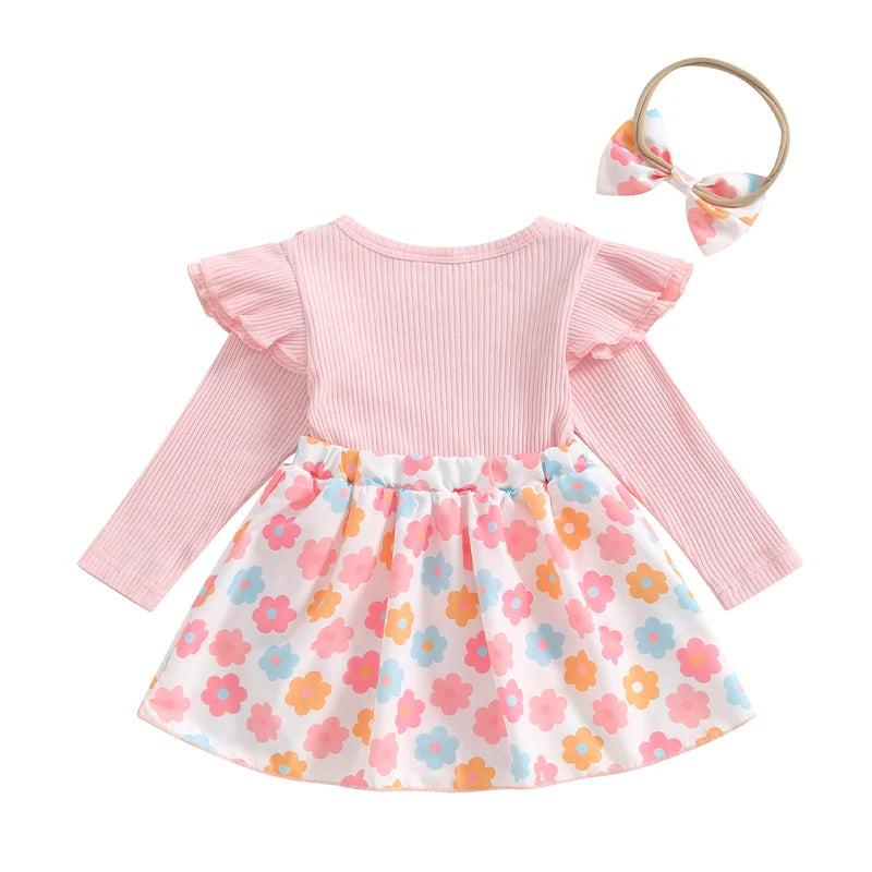 Baby Girls 2Pcs Romper Dress Flower Print Long Sleeve Skirt Overalls Jumpsuit Fall Bodysuits with Headband Set