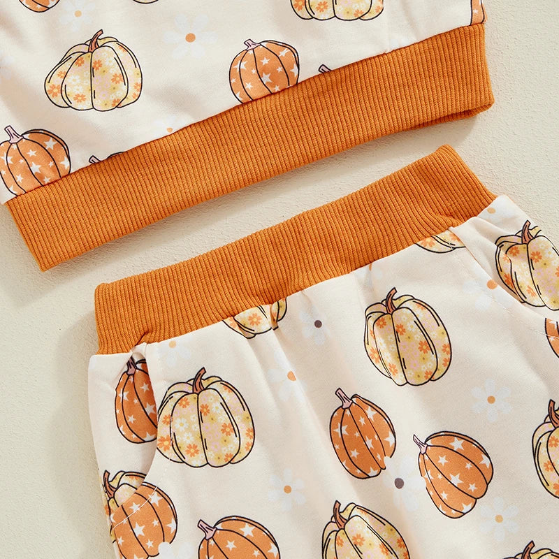 Baby Toddler Girls Boys 2Pcs Fall Set Pumpkin Print Long Sleeve Round Neck Top Long Pants Outfit