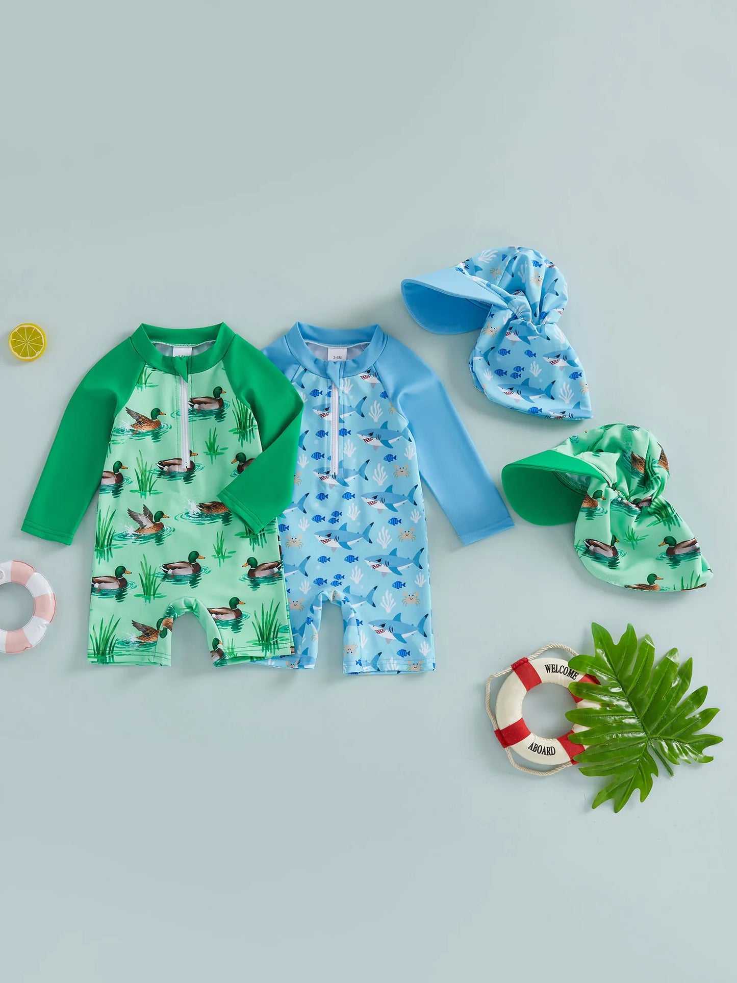 Baby Toddler Boy 2Pcs Rash Guard Swimsuit Shark Duck Print Long Sleeve Zip Up Bathing Suit with Sun Cap Hat Set