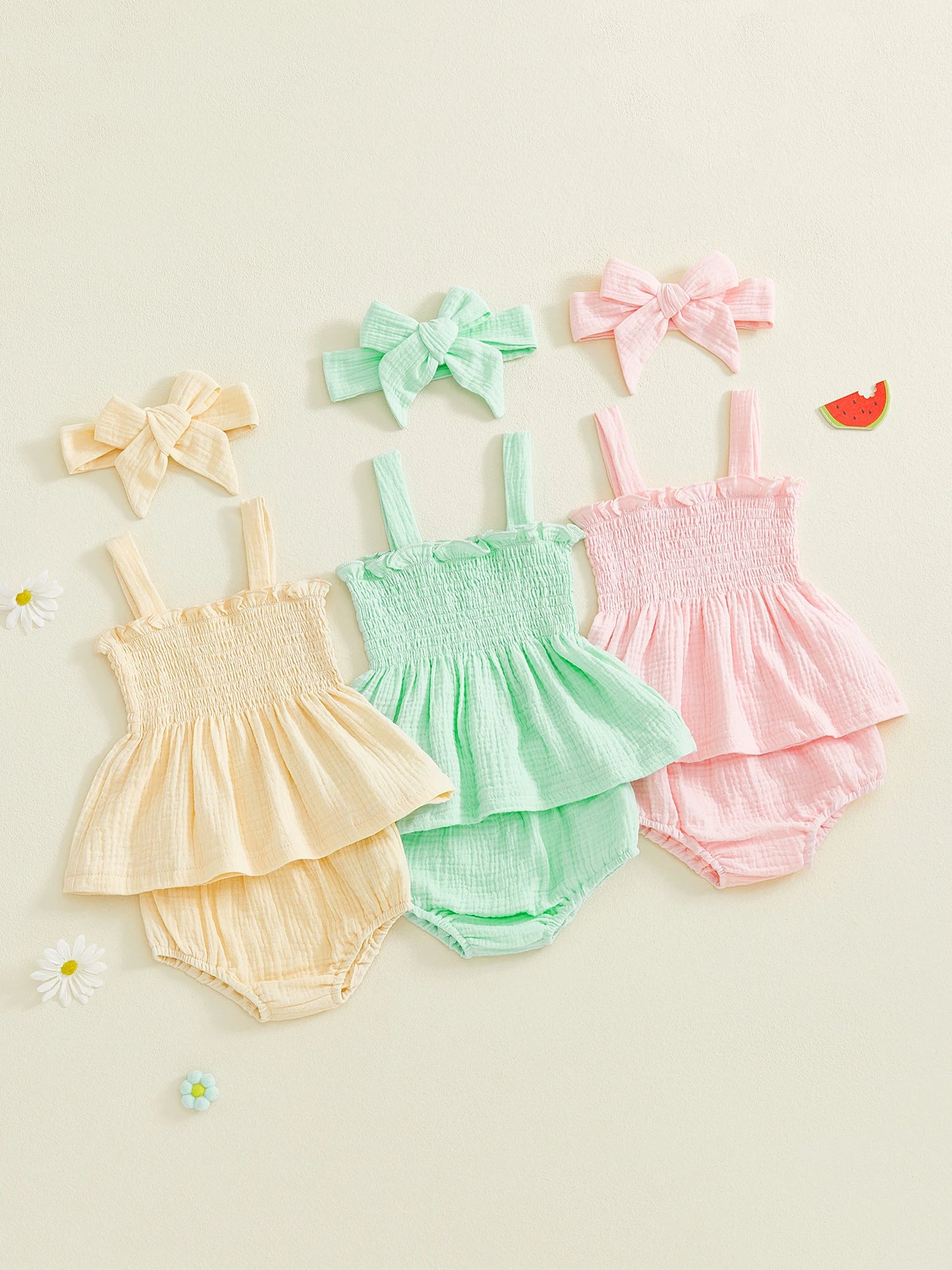 Baby Girl Summer Outfits Solid Color Ruffled Trim Smocked A Line Sleeveless Tops Shorts and Headband 3 Pcs Set