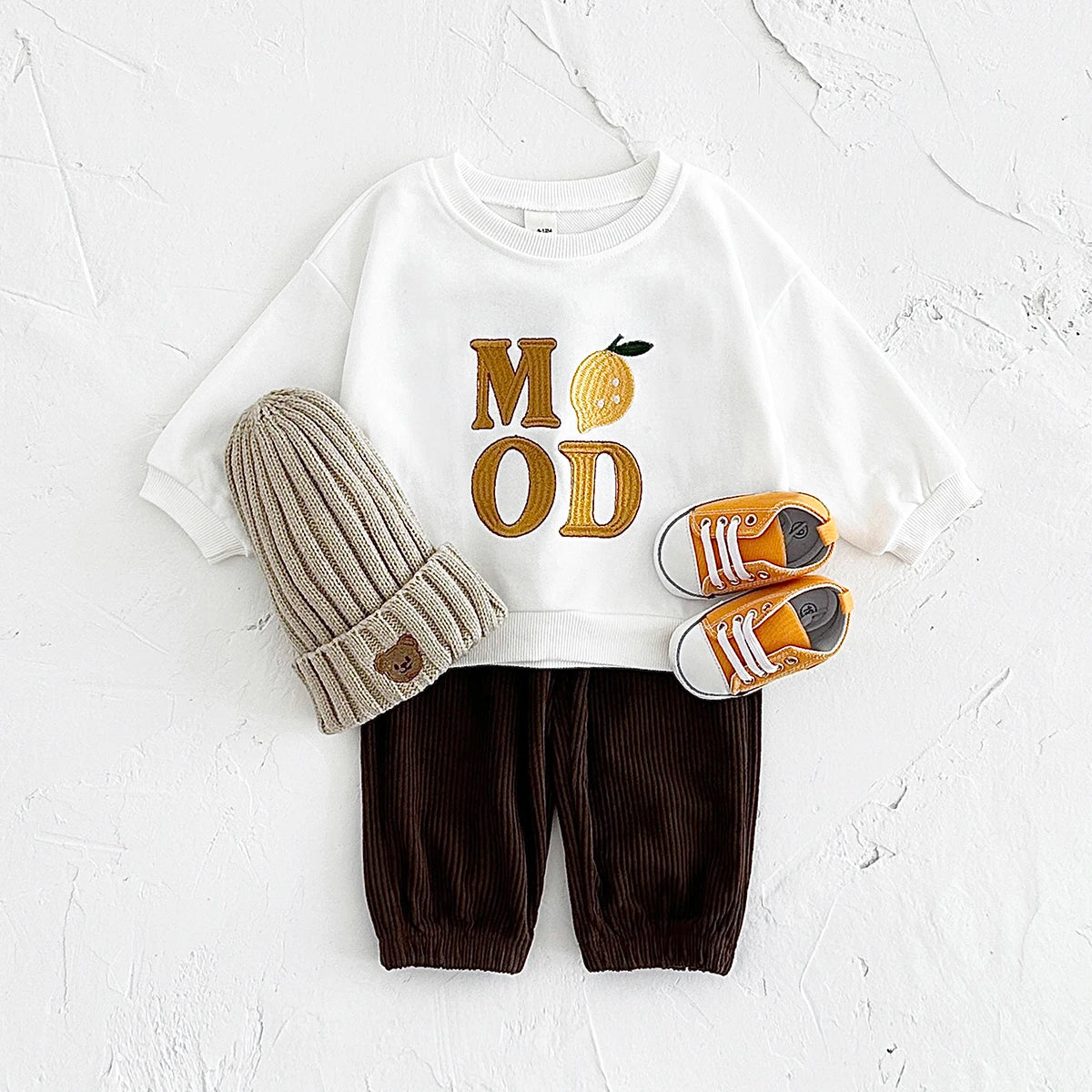 Baby Toddler Boys Girls 2Pcs Set Fruit Letters MOOD / LOVE / VIBE EmbroideryLong Sleeve Crewneck Top + Corduroy Pants Outfit