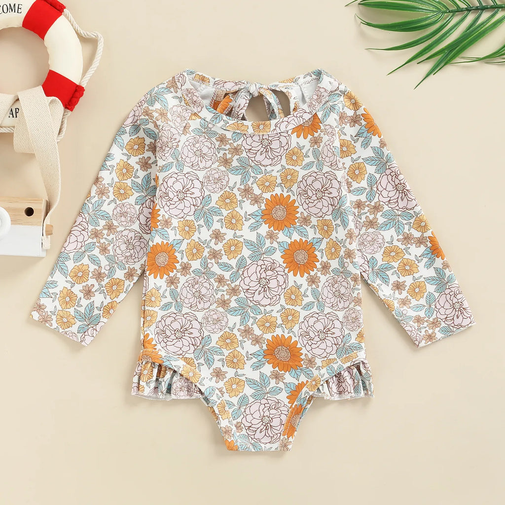 Long Sleeve Printed Ruffle Swimsuit