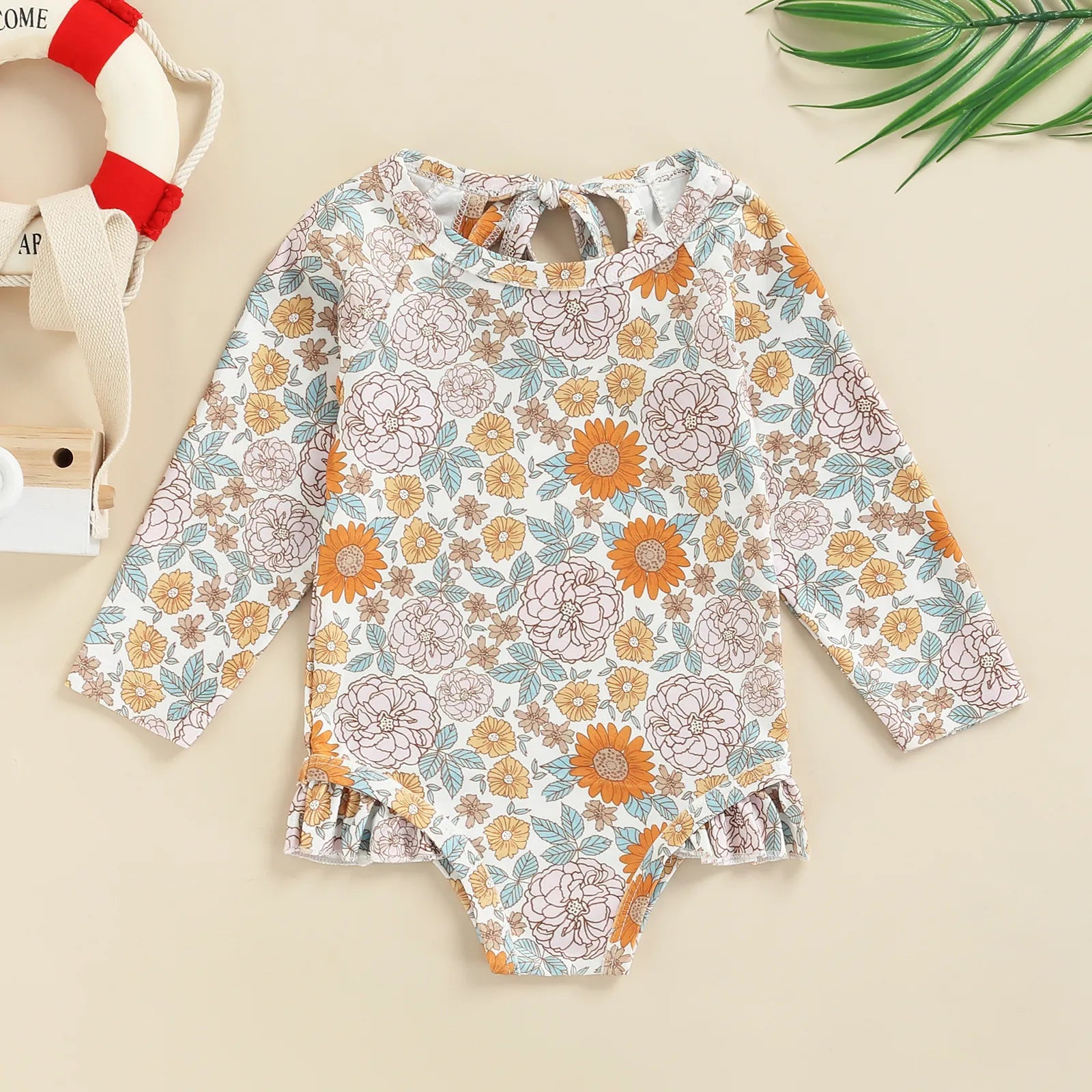 Long Sleeve Printed Ruffle Swimsuit