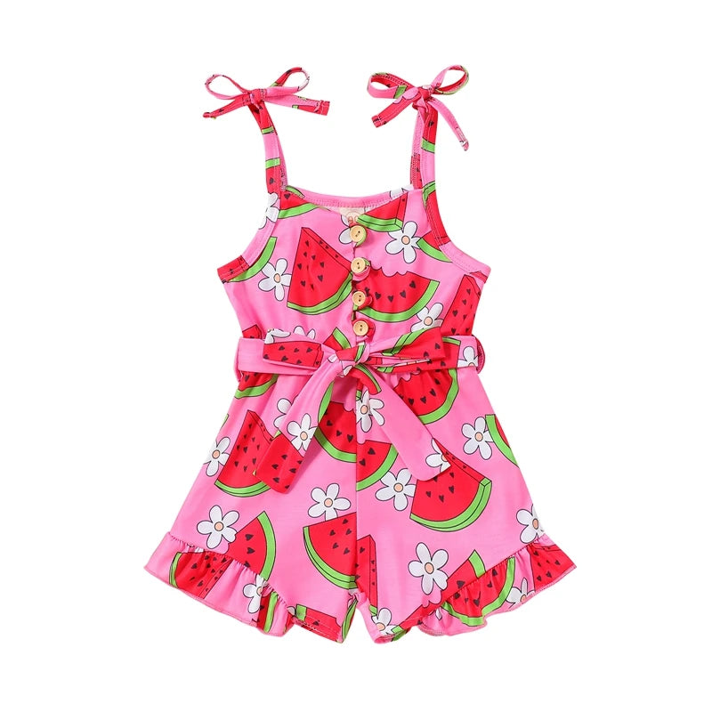 Baby Toddler Kids Girl Summer Jumpsuit Sleeveless Tie Strap Watermelon Print Belted Romper Shorts