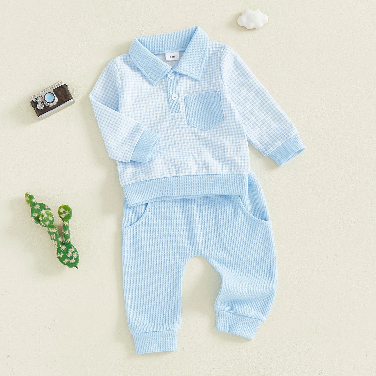 Baby Toddler Boys 2Pcs Outfit Long Sleeve Plaid Collared Top + Jogger Pants Set