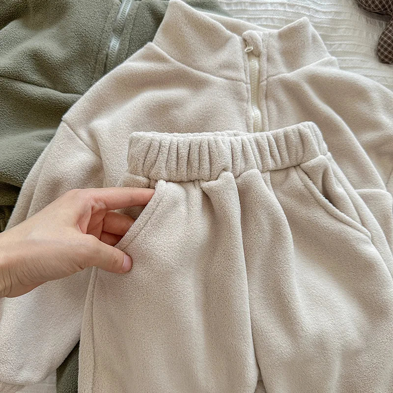 Toddler Kid Boy Girl 2Pcs Clothes Set Fleece Pullover Top Pant Suit Casual Warm Thick Winter Two Piece Jogger Set