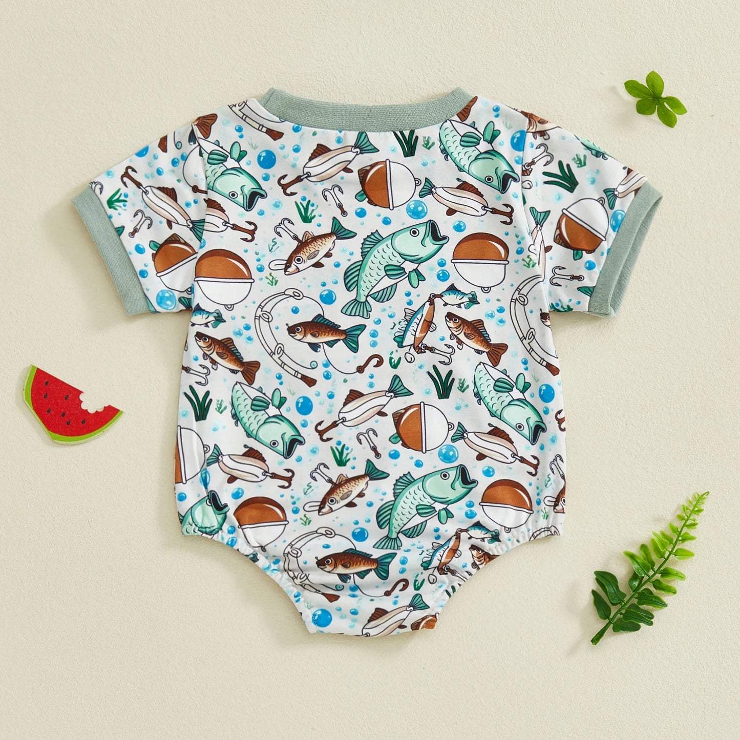 Baby Boy Daddy's Buddy / Boy Romper Adorable Fish Print Letter Embroidery Short Sleeve Round Neck Jumpsuit