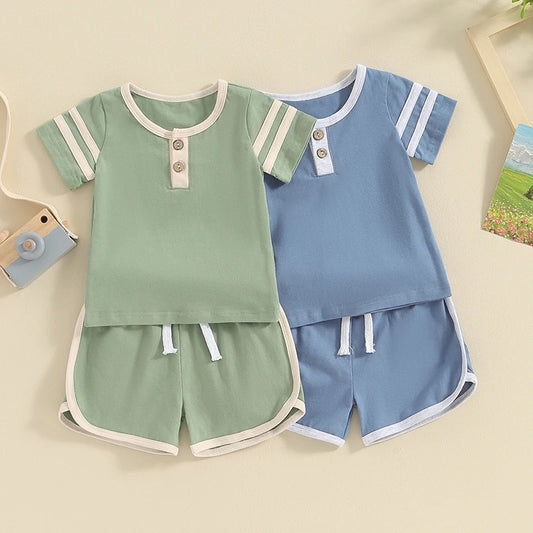 Toddler Baby Boy 2Pcs Short Sleeve Button Collar O-Neck Top Drawstring Shorts Set Outfit