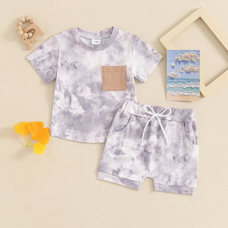 Toddler Baby Boys Girls 2Pcs Clothes Set Tie-dye Print Short Sleeve Top with Elastic Waist Shorts Summer Outfit