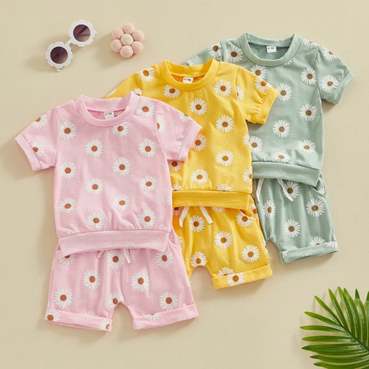 Baby Toddler Girls 2Pcs Spring Summer Clothes Short Sleeve Daisy Flower Print Crew Neck Top Elastic Rolled Shorts Set Outfit