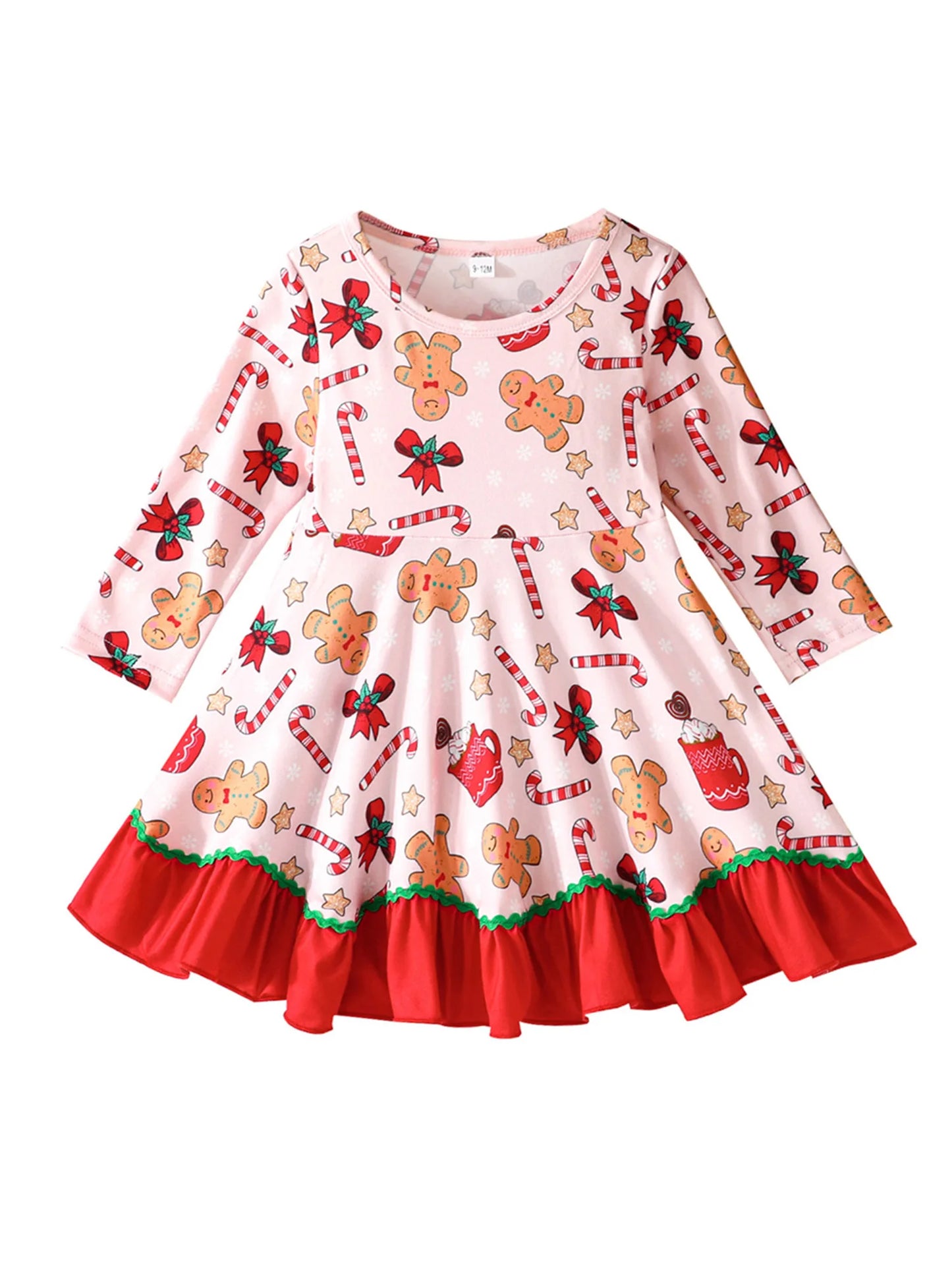 Baby Toddler Girl Christmas Dress Long Sleeve Crew Neck Gingerbread Man Cane Candy Print Dress