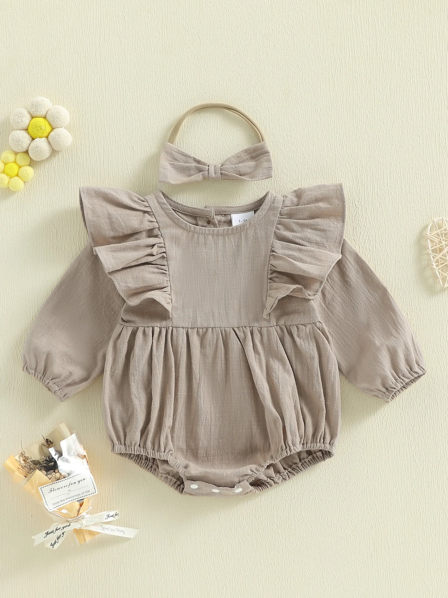 Baby Girl 2Pcs Spring Romper Solid Color Long Sleeves Round Neck Ruffled Bodysuit and Matching Bow Headband Set