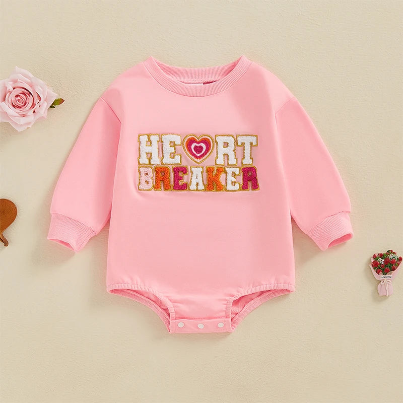 Baby Girls Heart Breaker Valentine's Day Romper Long Sleeve O Neck Letter Embroidery Bubble Valentines Bodysuit