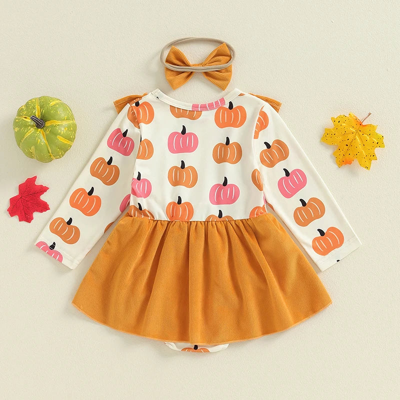 Baby Girls 2Pcs Halloween Romper Dress Overalls Skirt Long Sleeve O Neck Pumpkin Print Romper with Headband Set