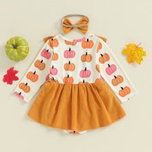 Load image into Gallery viewer, Baby Girls 2Pcs Halloween Romper Dress Overalls Skirt Long Sleeve O Neck Pumpkin Print Romper with Headband Set
