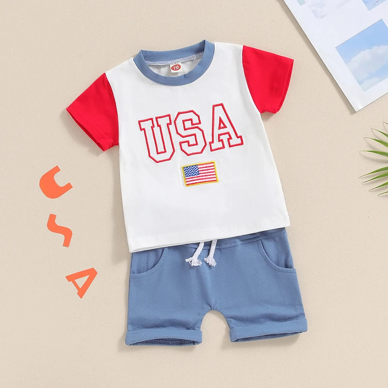 Baby Toddler Boys 2Pcs USA 4th of July Outfit Letter Flag Embroidery Contrast Color Short Sleeve Top and Shorts Clothes Set