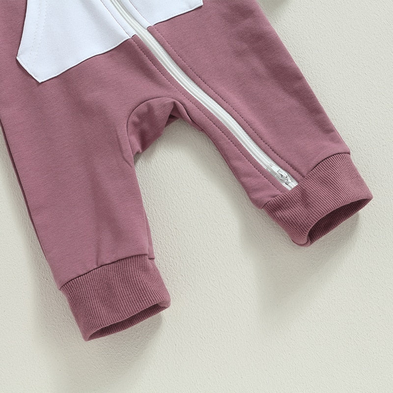 Baby Boy Girl Full Length Jumpsuit Contrast Color Hood Long Sleeve Romper with Zipper