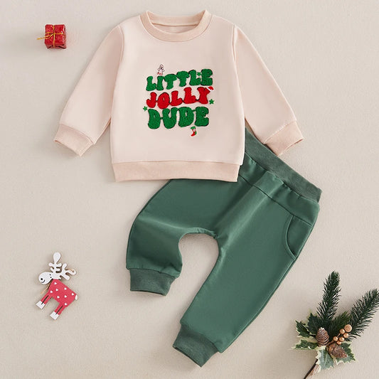 Baby Toddler Boys 2Pcs Little Jolly Dude Christmas Jogger Set Long Sleeve Embroidery Letters Top + Elastic Waist Pants Outfit