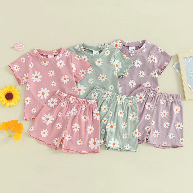 Toddler Baby Girl 2Pcs Spring Summer Clothes Floral Flowers Print Short Sleeve Crewneck Top with Matching Shorts Set Outfit