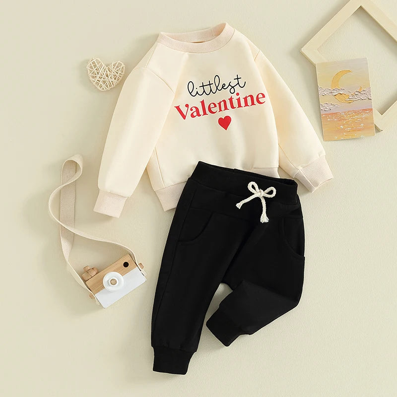 Toddler Baby Boy Girl 2Pcs Valentine's Day Outfits Long Sleeve Heart Littlest Valentine Letter Print Top and Pants Set