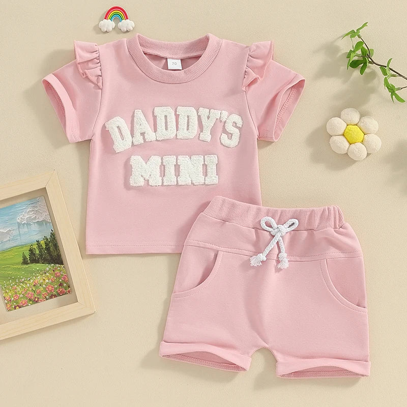 Toddler Baby Girls 2Pcs Daddy's / Mama Mini Summer Short Frilly Sleeve Letter Top Solid Color Shorts Sets