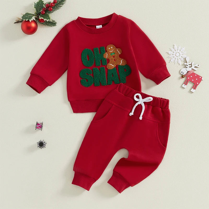 Baby Toddler Boys Girls 2Pcs Christmas Outfit Long Sleeve Oh SNAP Gingerbread Man Embroidery Top Pants Jogger Set Winter