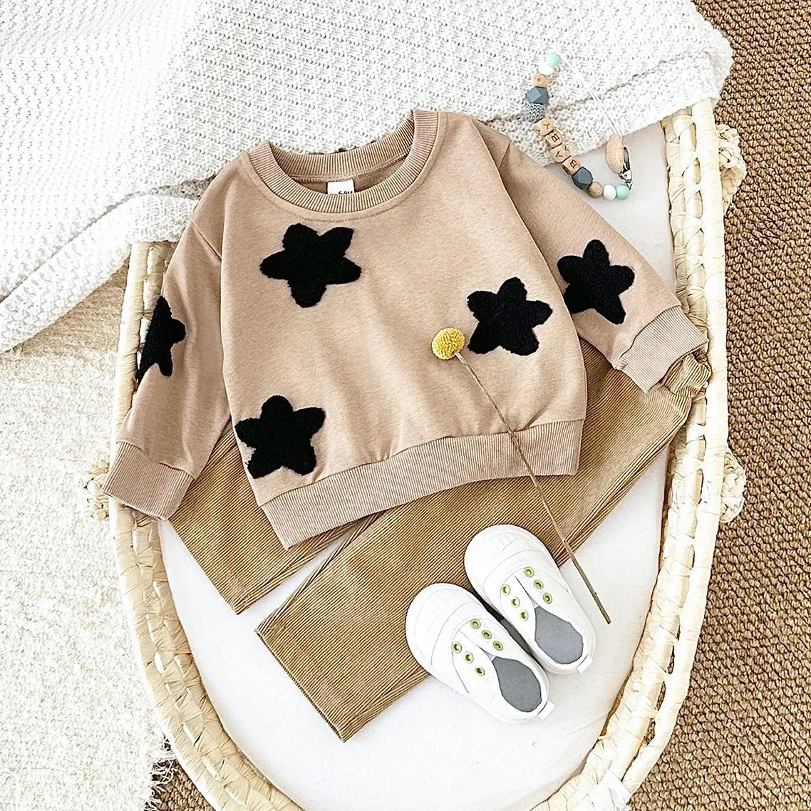 Baby Toddler Boys Girls 2Pcs Stars / Clouds / Flowers Crewneck Long Sleeve Top + Pants Set OUtfit