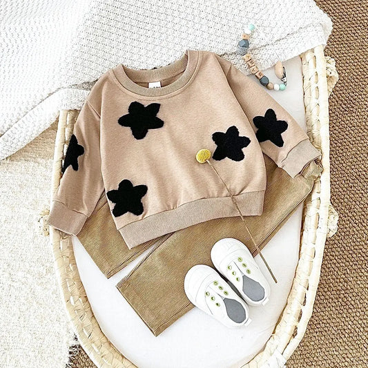 Baby Toddler Boys Girls 2Pcs Stars / Clouds / Flowers Crewneck Long Sleeve Top + Pants Set OUtfit