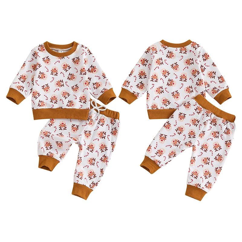 Baby Toddler Boys Girls 2Pcs Christmas Jogger Set Cartoon Reindeer Print Long Sleeve Crew Neck Top with Elastic Waist Pants Outfit