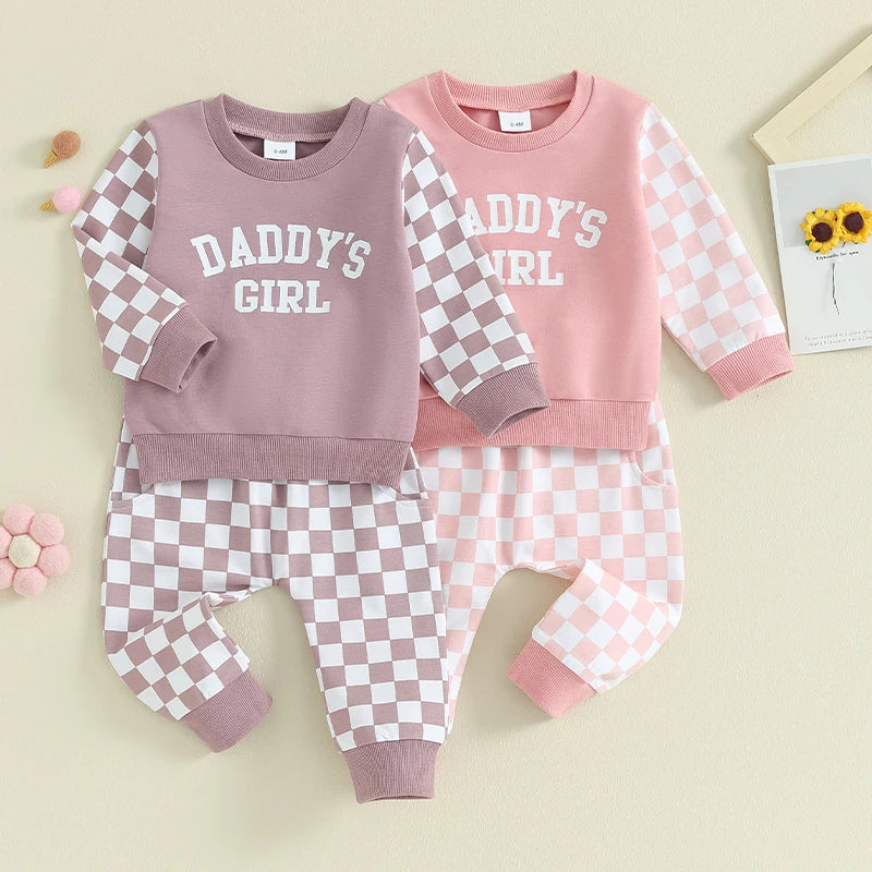 Toddler Baby Girl 2Pcs Daddy‘s Girl Letters Print Checkered Pattern Long Sleeve Crewneck Top Jogger Pants Set Outfit