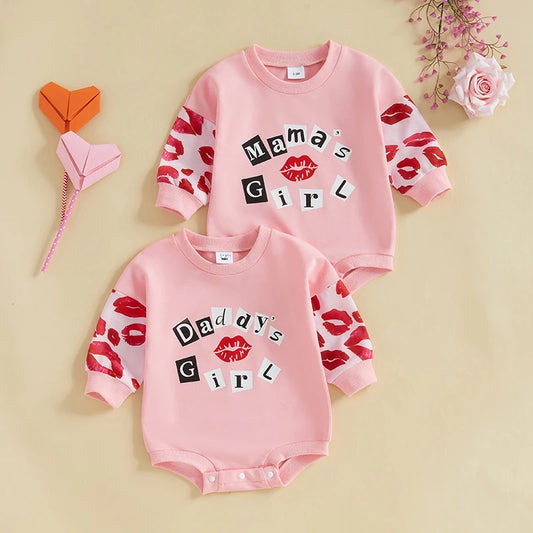 Baby Girls Mama's / Daddy's Girl Bubble Romper Letter Lip Kiss Print Long Sleeve Jumpsuit