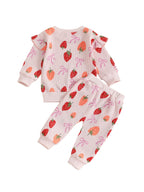 Baby Toddler Girls 2Pcs Fall Set Fashionable Strawberry Print Long Sleeve Pullover Top Bow Jogger Pants Outfit