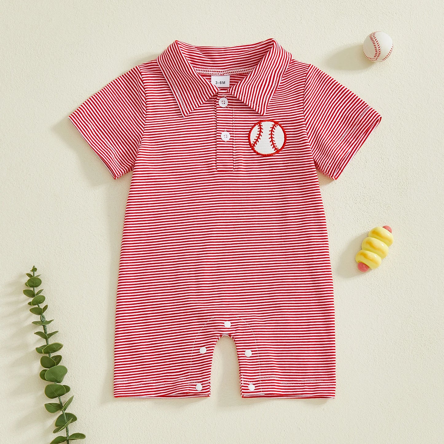 Baby Boy Romper Lapel Collar Short Sleeve Baseball Embroidery Upper Button Striped Jumpsuit