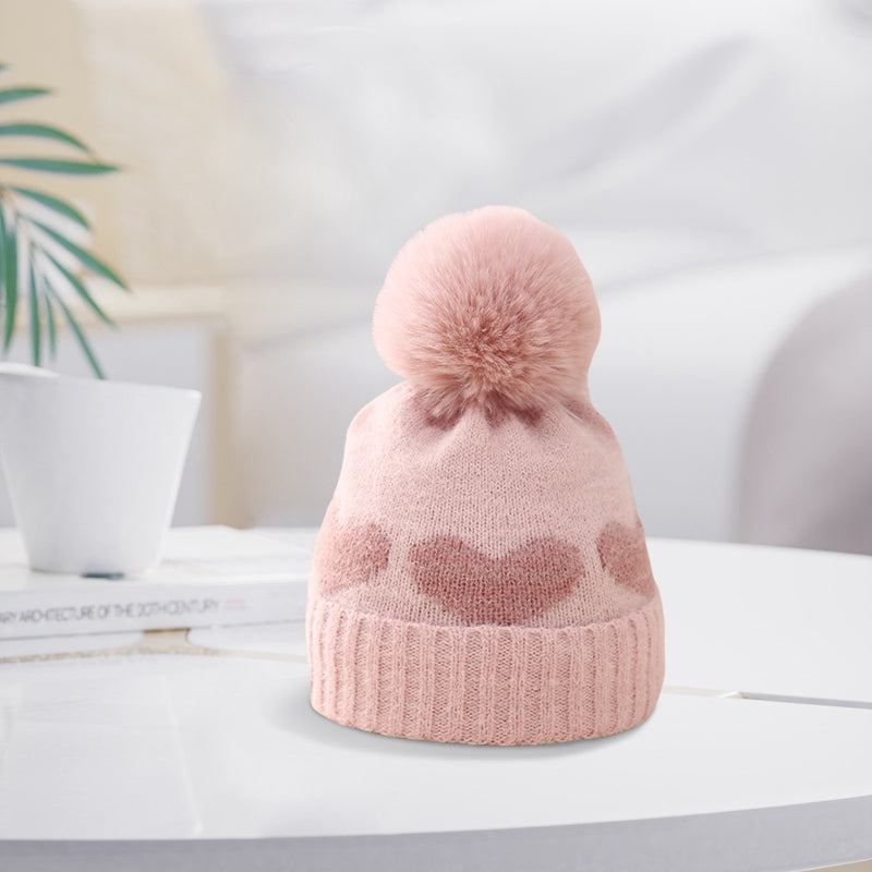 Baby Girl Winter Hat Cute Heart Pattern Plush Pom Pom Knit Beanie Warm